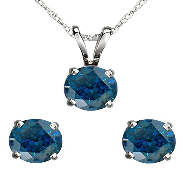 2.00 Carat (ctw) 18K White Gold Round Blue Diamond Ladies Stud Earring & Pendant Set 2 CT
