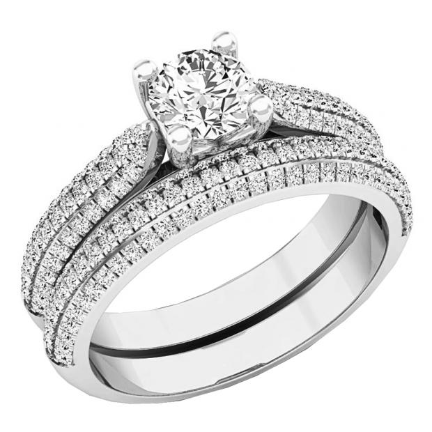 0.98 Carat (ctw) 14K White Gold Round Diamond Bridal Engagement Ring With Matching Band Set 1 CT