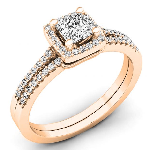 0.50 Carat (ctw) 10K Rose Gold Princess & Round Diamond Halo Bridal Engagement Ring Set 1/2 CT