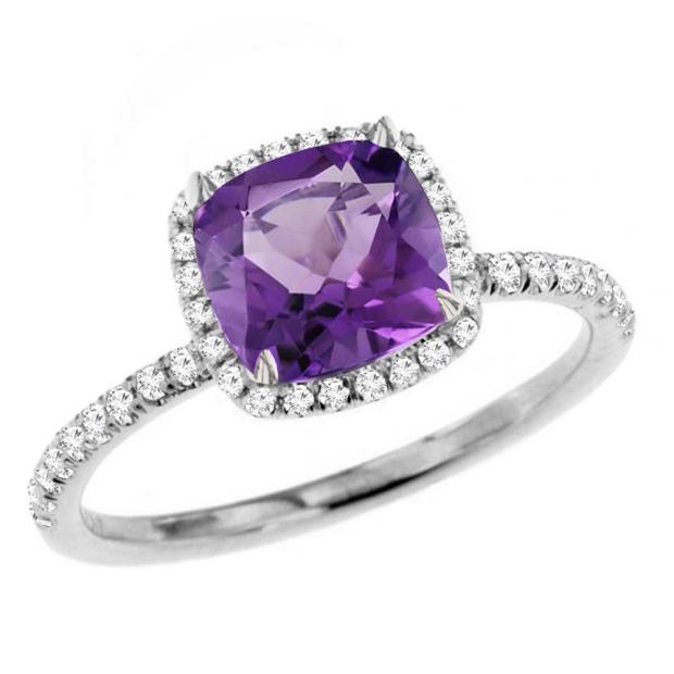 18K White Gold 6.5 MM Cushion Amethyst & Round White Diamond Ladies Bridal Halo Engagement Ring
