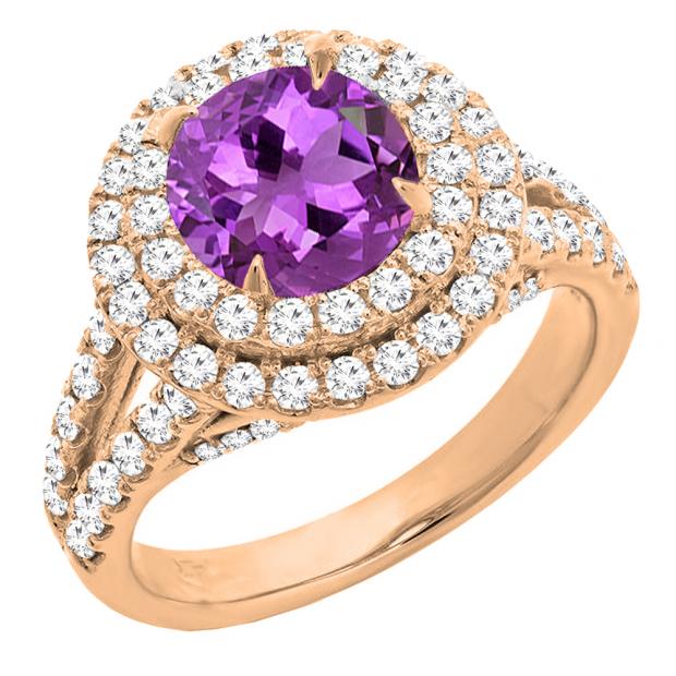10K Rose Gold 8 MM Round Amethyst & White Diamond Halo Split Shank Vintage Bridal Engagement Ring