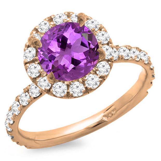 10K Rose Gold 7.5 MM Round Amethyst & White Diamond Ladies Bridal Halo Engagement Ring