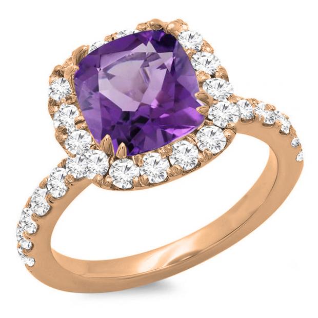 10K Rose Gold 8.5 MM Cushion Amethyst & Round White Diamond Ladies Bridal Halo Engagement Ring