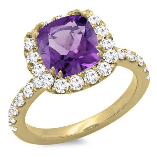 18K Yellow Gold 8.5 MM Cushion Amethyst & Round White Diamond Ladies Bridal Halo Engagement Ring