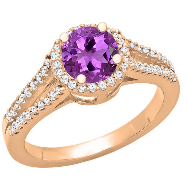 10K Rose Gold 6 MM Round Amethyst & White Diamond Halo Split Shank Bridal Engagement Ring