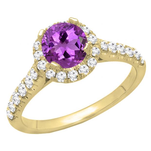 10K Yellow Gold 7.5 MM Round Amethyst & White Diamond Halo Bridal Engagement Ring