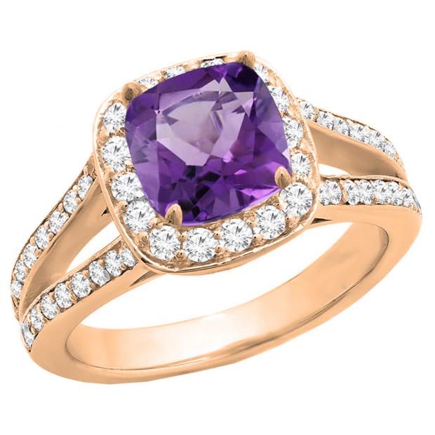 18K Rose Gold 7 MM Cushion Amethyst & Round White Diamond Halo Split Shank Bridal Engagement Ring