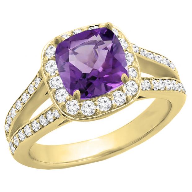 18K Yellow Gold 7 MM Cushion Amethyst & Round White Diamond Halo Split Shank Bridal Engagement Ring