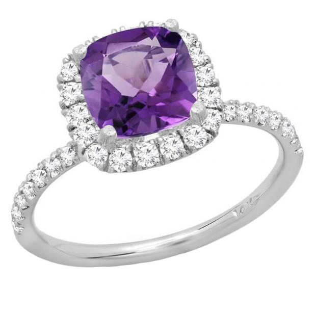 14K White Gold 7.00 MM Cushion Amethyst & Round White Diamond Ladies Bridal Halo Engagement Ring