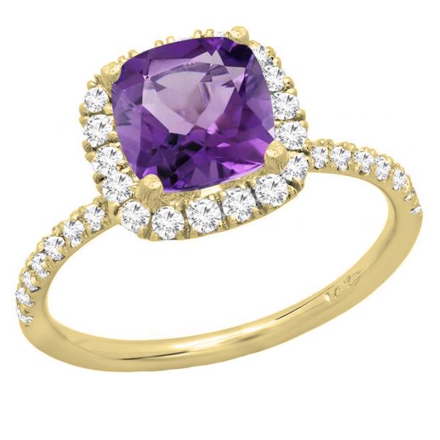 14K Yellow Gold 7.00 MM Cushion Amethyst & Round White Diamond Ladies Bridal Halo Engagement Ring