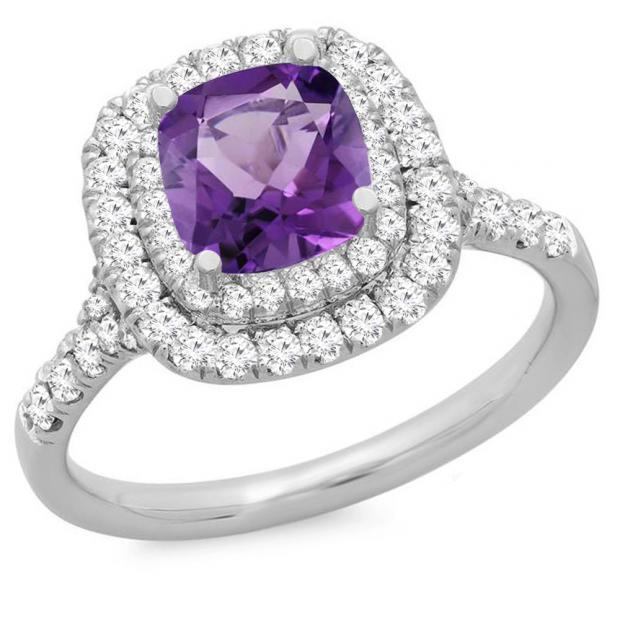 10K White Gold 6.5 MM Cushion Amethyst & Round White Diamond Ladies Bridal Halo Engagement Ring