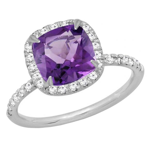 14K White Gold 7.5 MM Cushion Amethyst & Round White Diamond Ladies Bridal Halo Engagement Ring