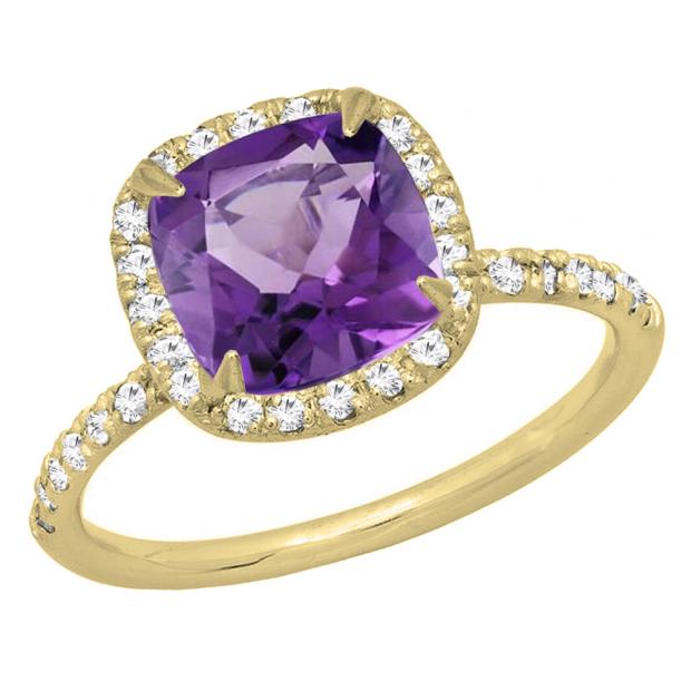 14K Yellow Gold 7.5 MM Cushion Amethyst & Round White Diamond Ladies Bridal Halo Engagement Ring