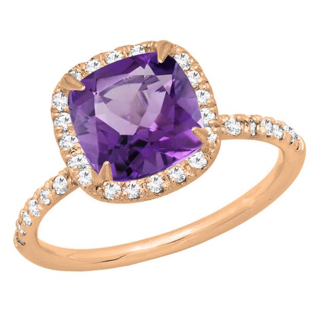 18K Rose Gold 7.5 MM Cushion Amethyst & Round White Diamond Ladies Bridal Halo Engagement Ring