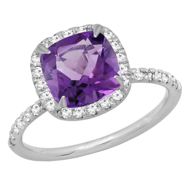 Sterling Silver 7.5 MM Cushion Amethyst & Round White Diamond Ladies Bridal Halo Engagement Ring