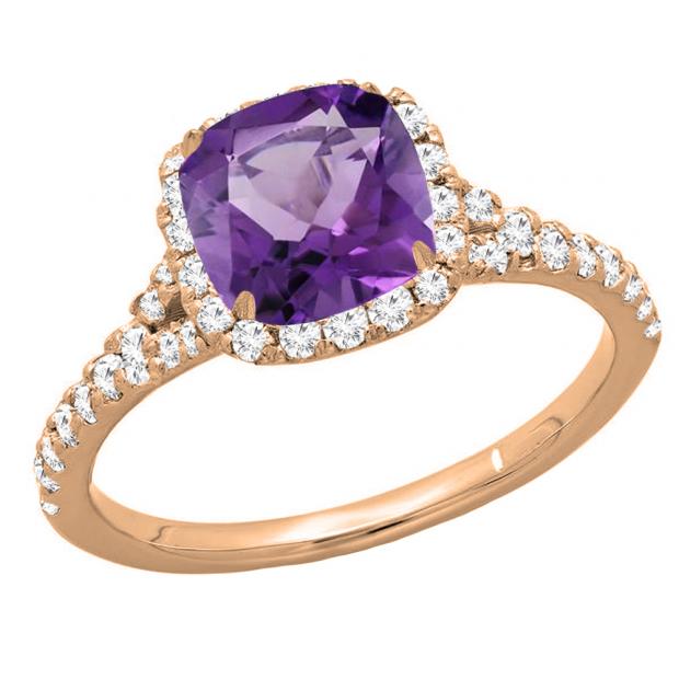 18K Rose Gold 6.5 MM Cushion Amethyst & Round White Diamond Ladies Bridal Halo Engagement Ring