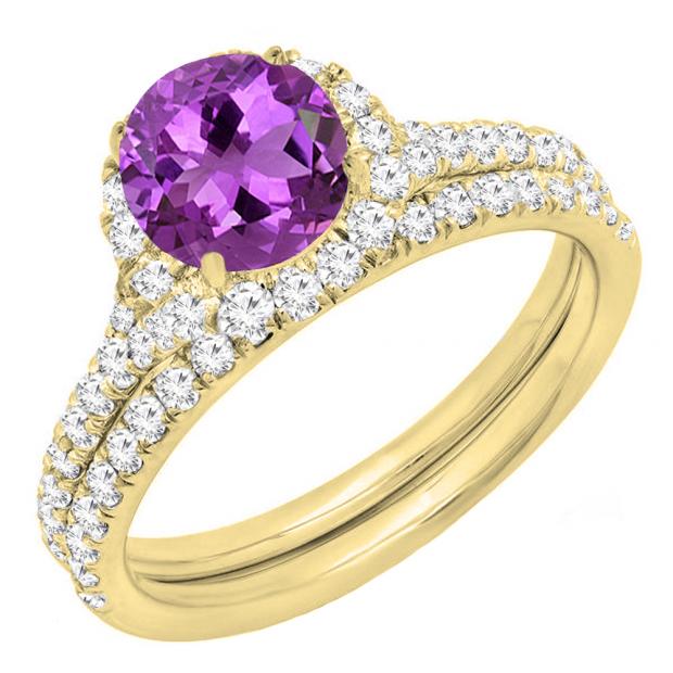 10K Yellow Gold 6 MM Round Amethyst & White Diamond Bridal Wedding Ring Set