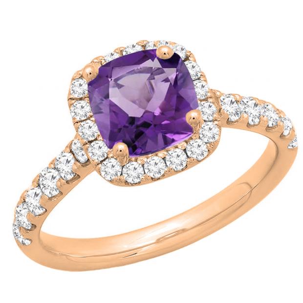 18K Rose Gold 7 MM Cushion Amethyst & Round White Diamond Ladies Bridal Halo Engagement Ring