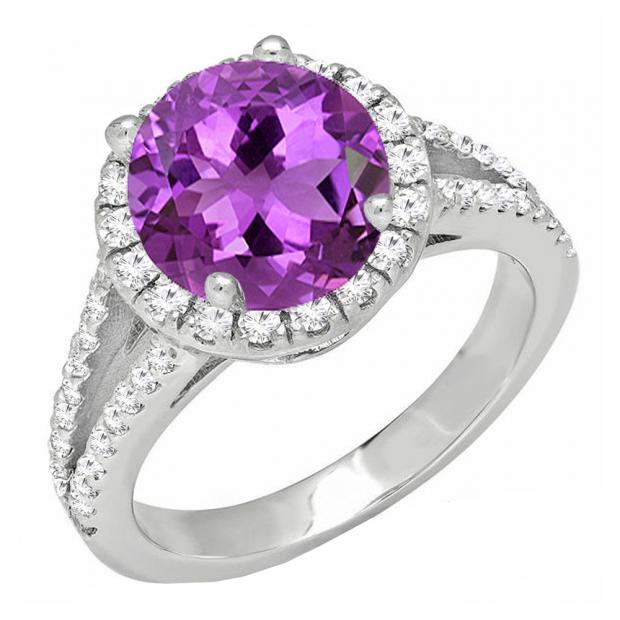 10K White Gold 6.5 MM Round Amethyst & White Diamond Ladies Bridal Halo Engagement Ring