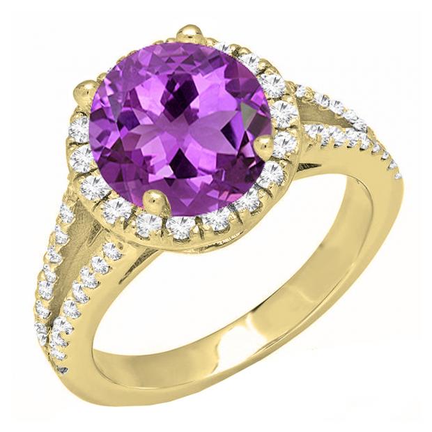 10K Yellow Gold 6.5 MM Round Amethyst & White Diamond Ladies Bridal Halo Engagement Ring