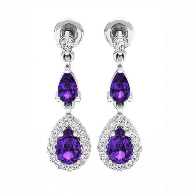 1.65 Carat (ctw) Sterling Silver Pear Cut Amethyst & Round Diamond Ladies Halo Dangling Earrings