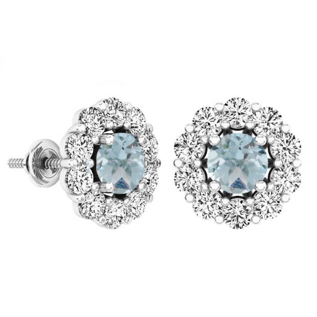 3.90 Carat (ctw) Sterling Silver Round Aquamarine & White Sapphire Ladies Halo Fashion Stud Earrings