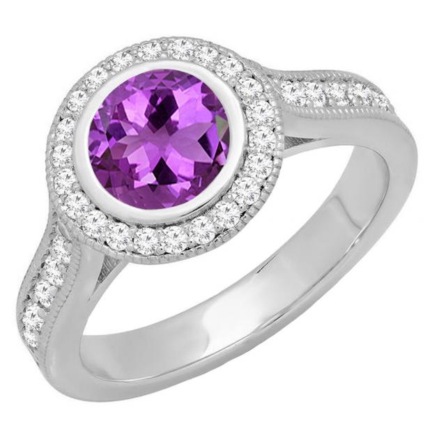 10K White Gold 6.5 MM Round Amethyst & White Diamond Ladies Bridal Halo Engagement Ring
