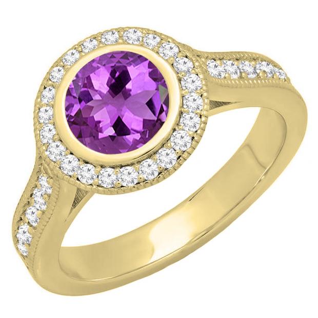 10K Yellow Gold 6.5 MM Round Amethyst & White Diamond Ladies Bridal Halo Engagement Ring