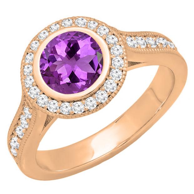14K Rose Gold 6.5 MM Round Amethyst & White Diamond Ladies Bridal Halo Engagement Ring