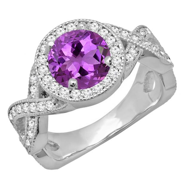 10K White Gold 7 MM Round Amethyst & White Diamond Ladies Bridal Halo Engagement Ring