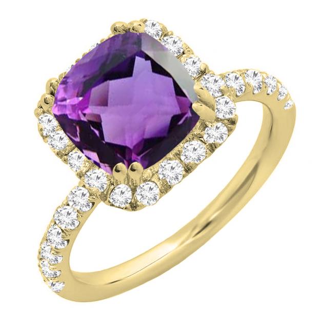 10K Yellow Gold 7.5 MM Cushion Amethyst & Round White Diamond Ladies Bridal Halo Engagement Ring