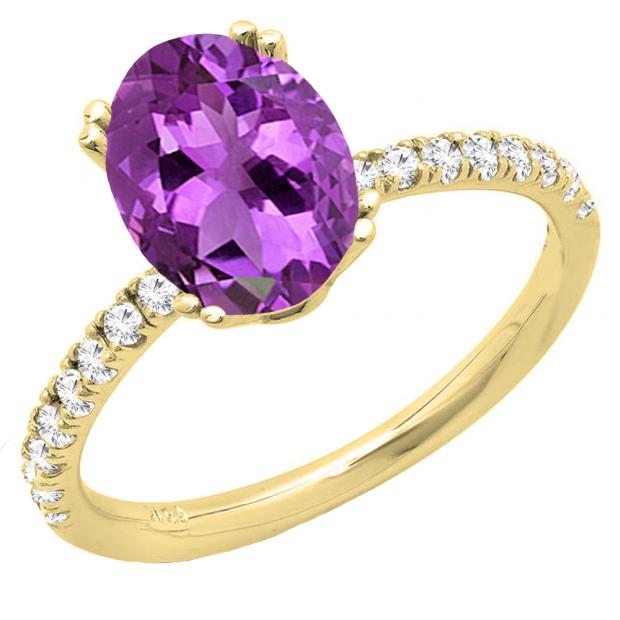 10K Yellow Gold 8X6 MM Oval Amethyst & Round White Diamond Ladies Bridal Halo Engagement Ring