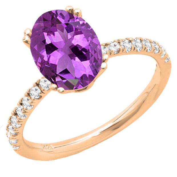 14K Rose Gold 8X6 MM Oval Amethyst & Round White Diamond Ladies Bridal Halo Engagement Ring