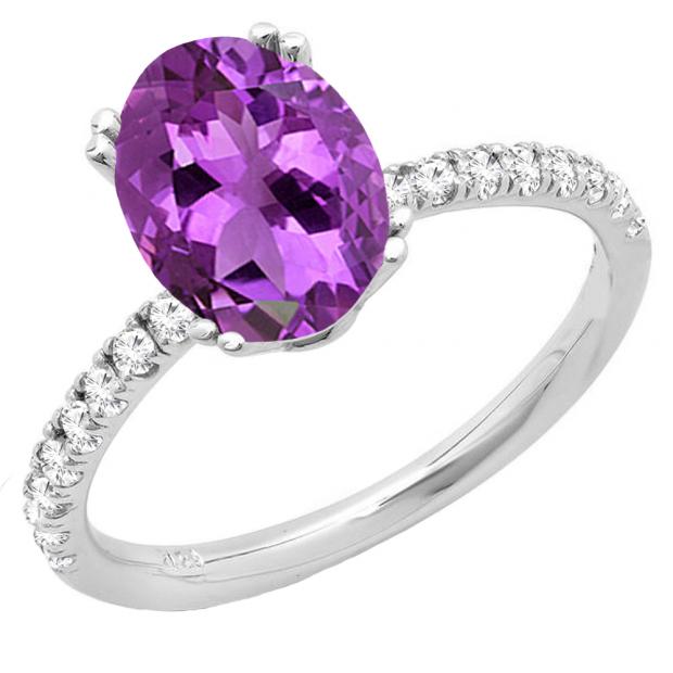 14K White Gold 8X6 MM Oval Amethyst & Round White Diamond Ladies Bridal Halo Engagement Ring