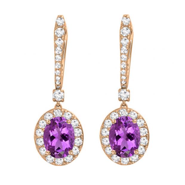 10K Rose Gold 7X5 MM Oval Amethyst & Round Diamond Ladies Halo Style Dangling Drop Earrings