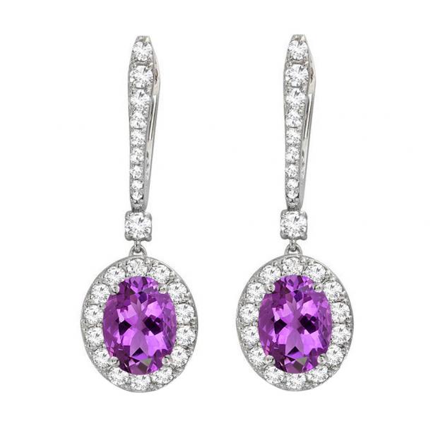 10K White Gold 7X5 MM Oval Amethyst & Round Diamond Ladies Halo Style Dangling Drop Earrings