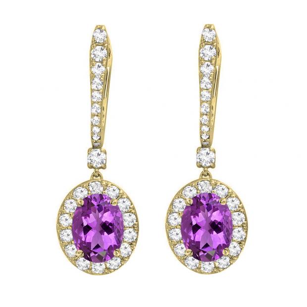 10K Yellow Gold 7X5 MM Oval Amethyst & Round Diamond Ladies Halo Style Dangling Drop Earrings