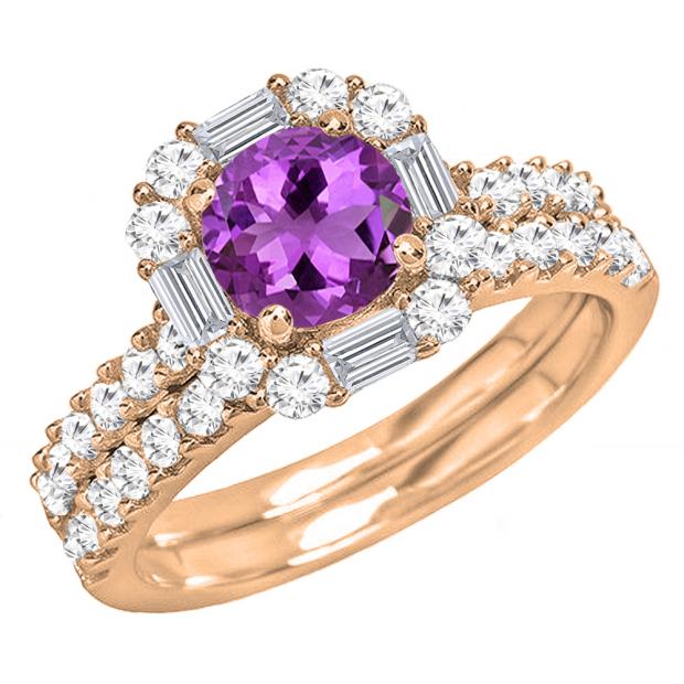 10K Rose Gold 6 MM Round Amethyst & Round & baguette Diamond Bridal Wedding Ring Set