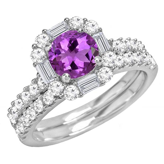 10K White Gold 6 MM Round Amethyst & Round & baguette Diamond Bridal Wedding Ring Set