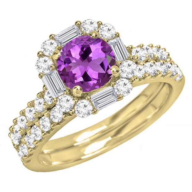 10K Yellow Gold 6 MM Round Amethyst & Round & baguette Diamond Bridal Wedding Ring Set