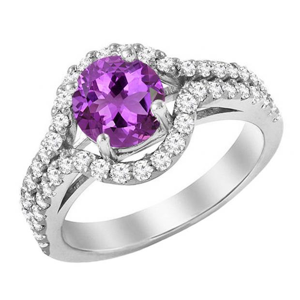 10K White Gold 6.5 MM Round Amethyst & Round Diamond Shank Bridal Engagement Halo Ring