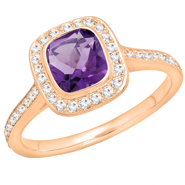 14K Rose Gold 6 MM Cushion Amethyst & Round White Diamond Bridal Halo Engagement Ring
