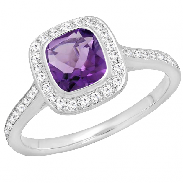 14K White Gold 6 MM Cushion Amethyst & Round White Diamond Bridal Halo Engagement Ring