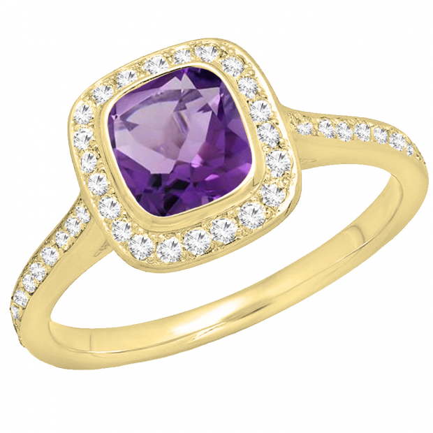 14K Yellow Gold 6 MM Cushion Amethyst & Round White Diamond Bridal Halo Engagement Ring