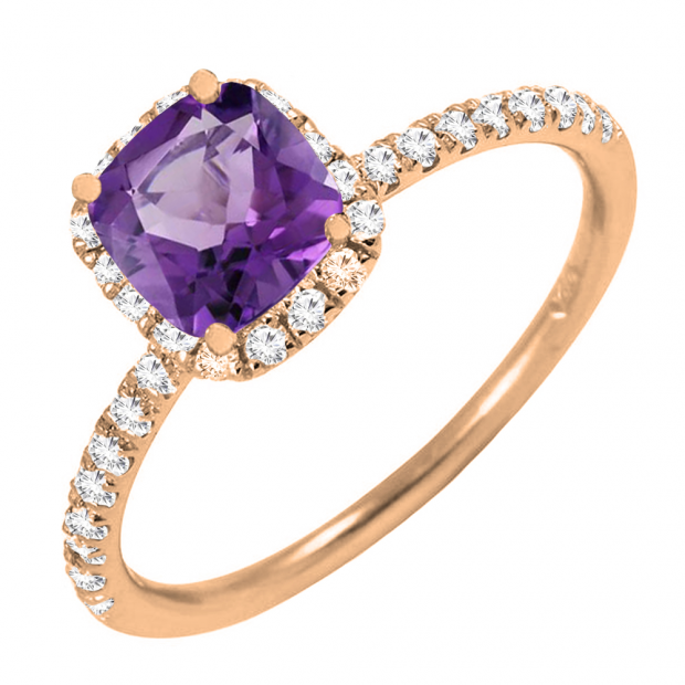 14K Rose Gold 6X6 MM Cushion Amethyst & White Diamond Bridal Halo Style Engagement Ring