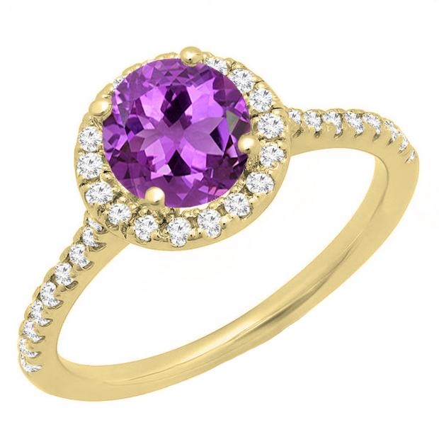 14K Yellow Gold 6 MM Round Amethyst & White Diamond Bridal Halo Style Engagement Ring