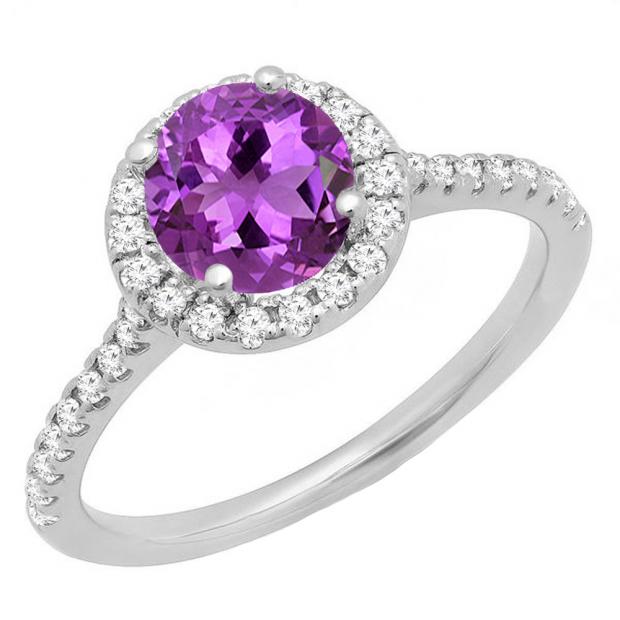 18K White Gold 6 MM Round Amethyst & White Diamond Bridal Halo Style Engagement Ring