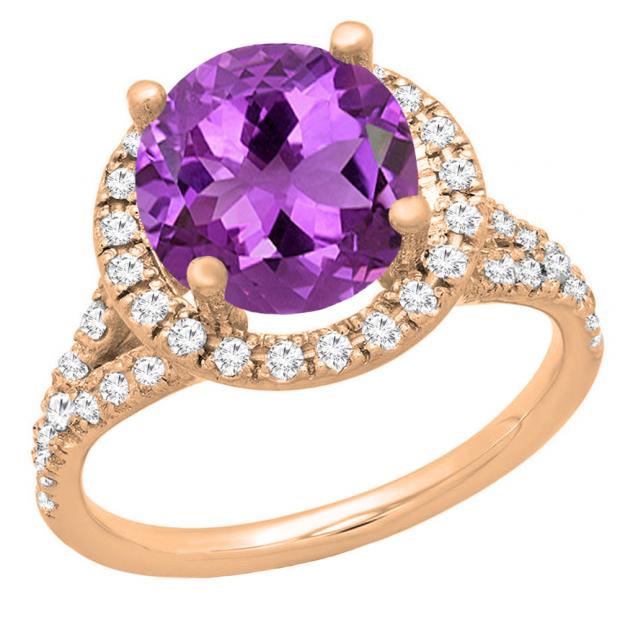 18K Rose Gold 6.5 MM Round Amethyst & White Diamond Ladies Bridal Halo Engagement Ring