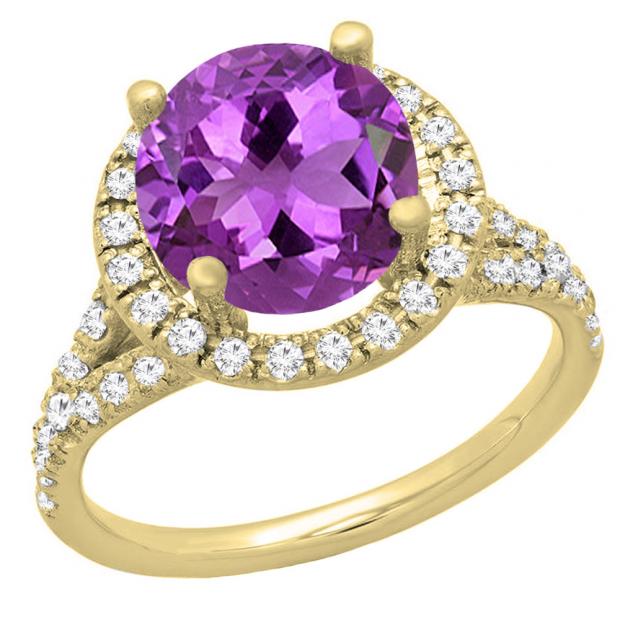 18K Yellow Gold 6.5 MM Round Amethyst & White Diamond Ladies Bridal Halo Engagement Ring