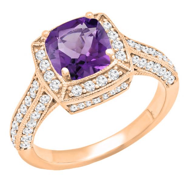 14K Rose Gold 6.5 MM Cushion Cut Amethyst & Round White Diamond Ladies Bridal Halo Engagement Ring
